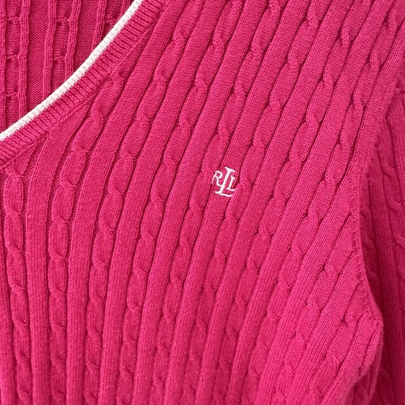 Ralph Lauren Active Cable Knit Sweater Womens Pink V Neck Long Sleeve Medium - Picture 3 of 9